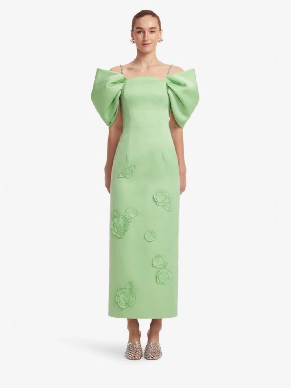 LEO LIN Arabella Mint Green Rose Appliqué Sculptural Puff Sleeve Maxi Dress